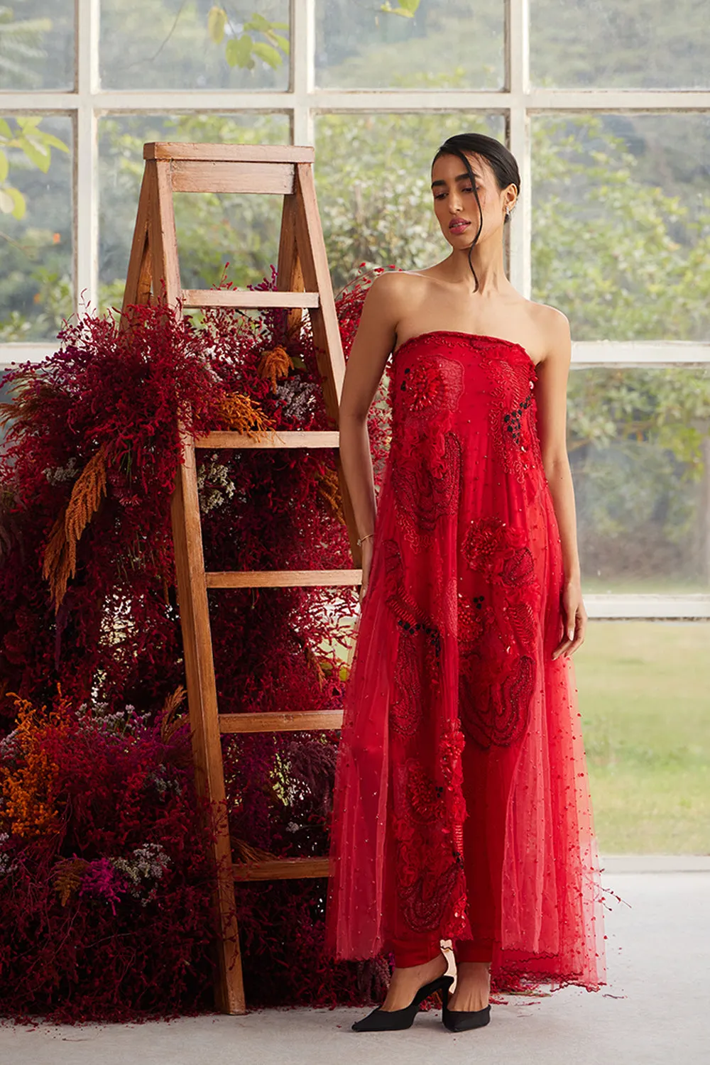 Crimson Glory Off-shoulder Dress with Silk Pants