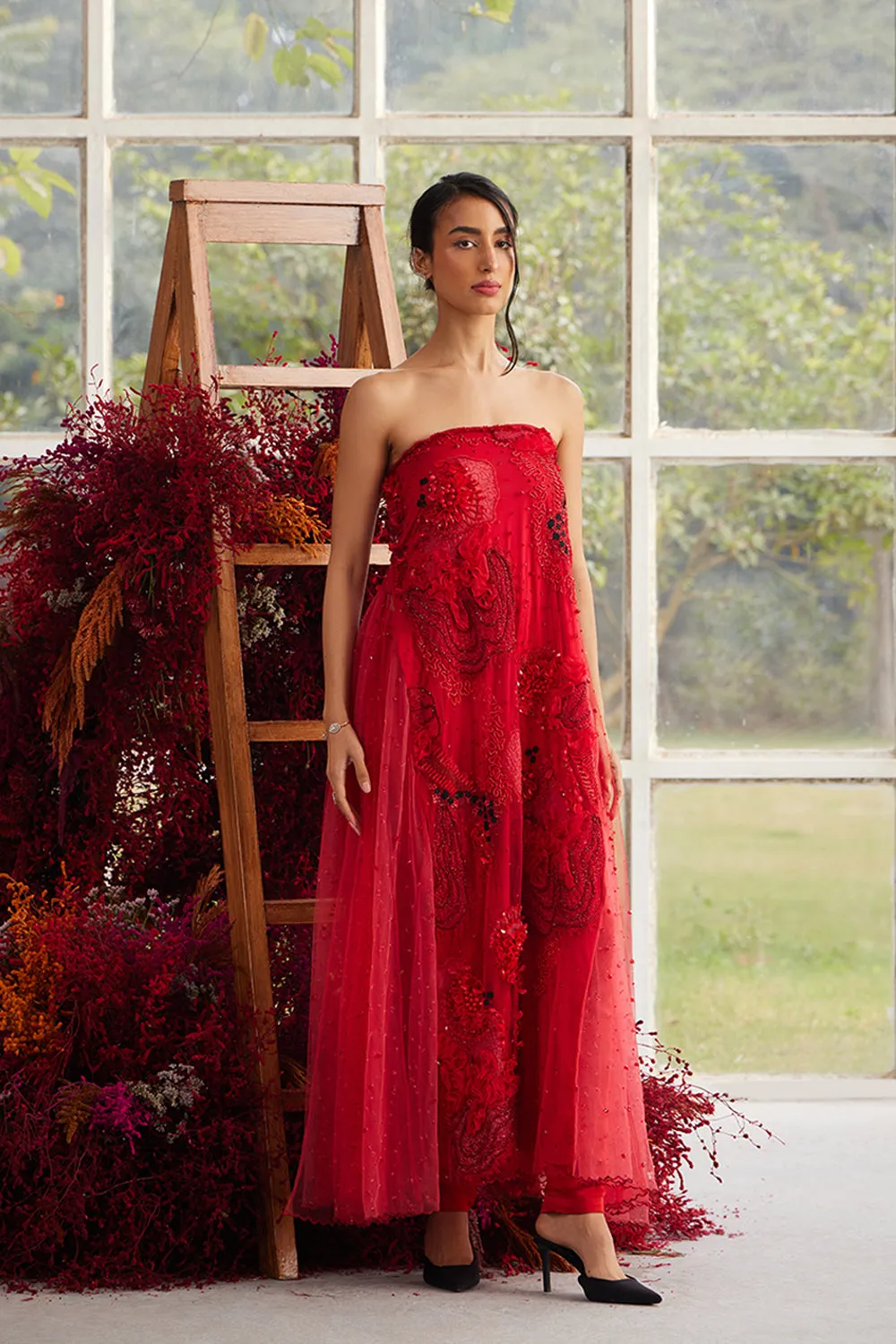 Crimson Glory Off-shoulder Dress with Silk Pants