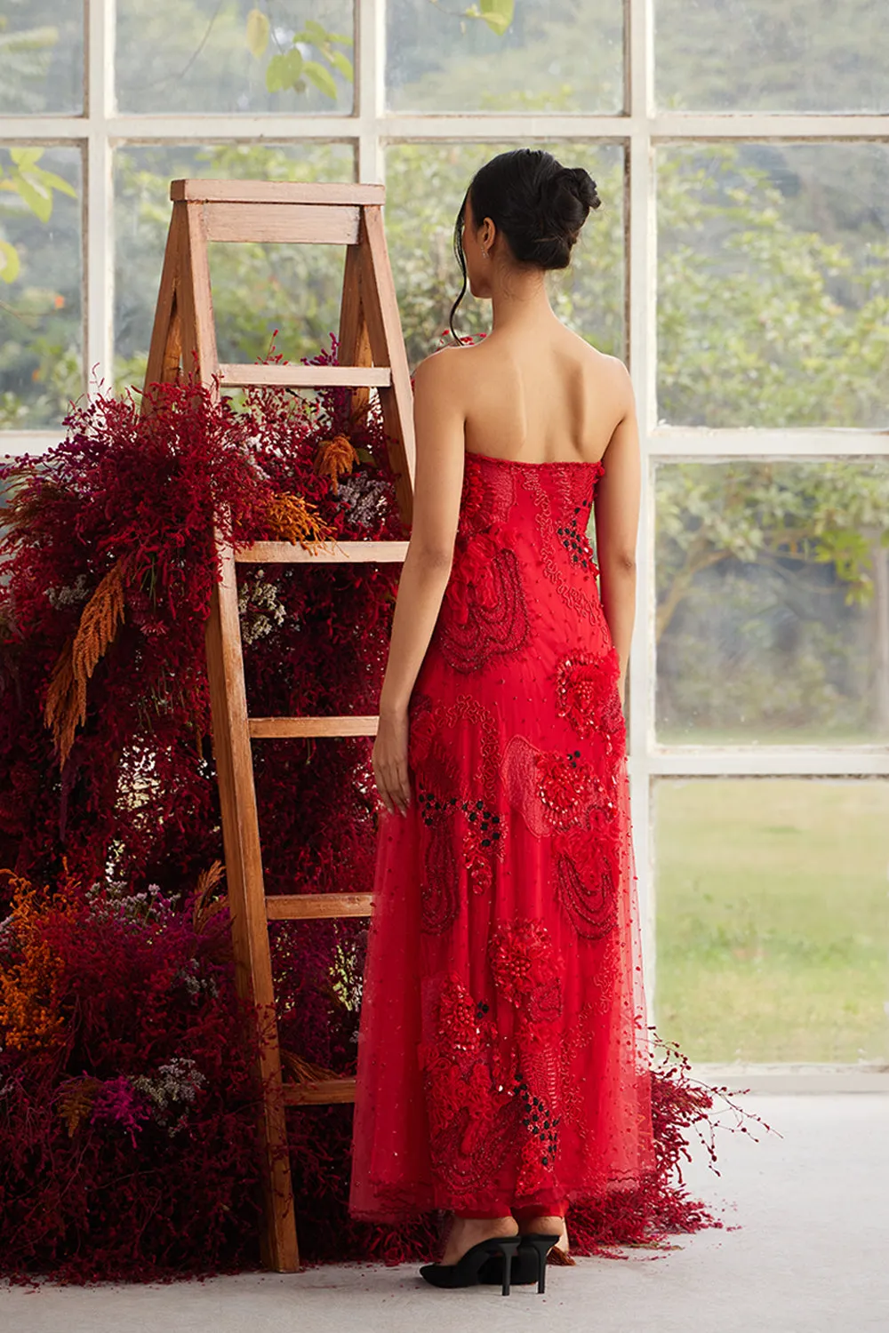 Crimson Glory Off-shoulder Dress with Silk Pants