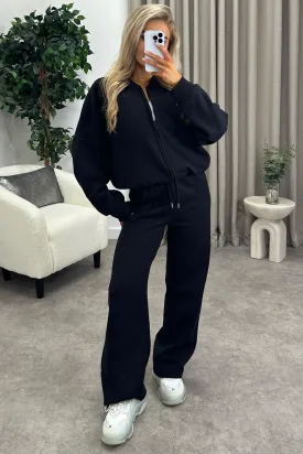 Emellie Black Seam Front Zip Up Bomber Jacket and Joggers Tracksuit Set
