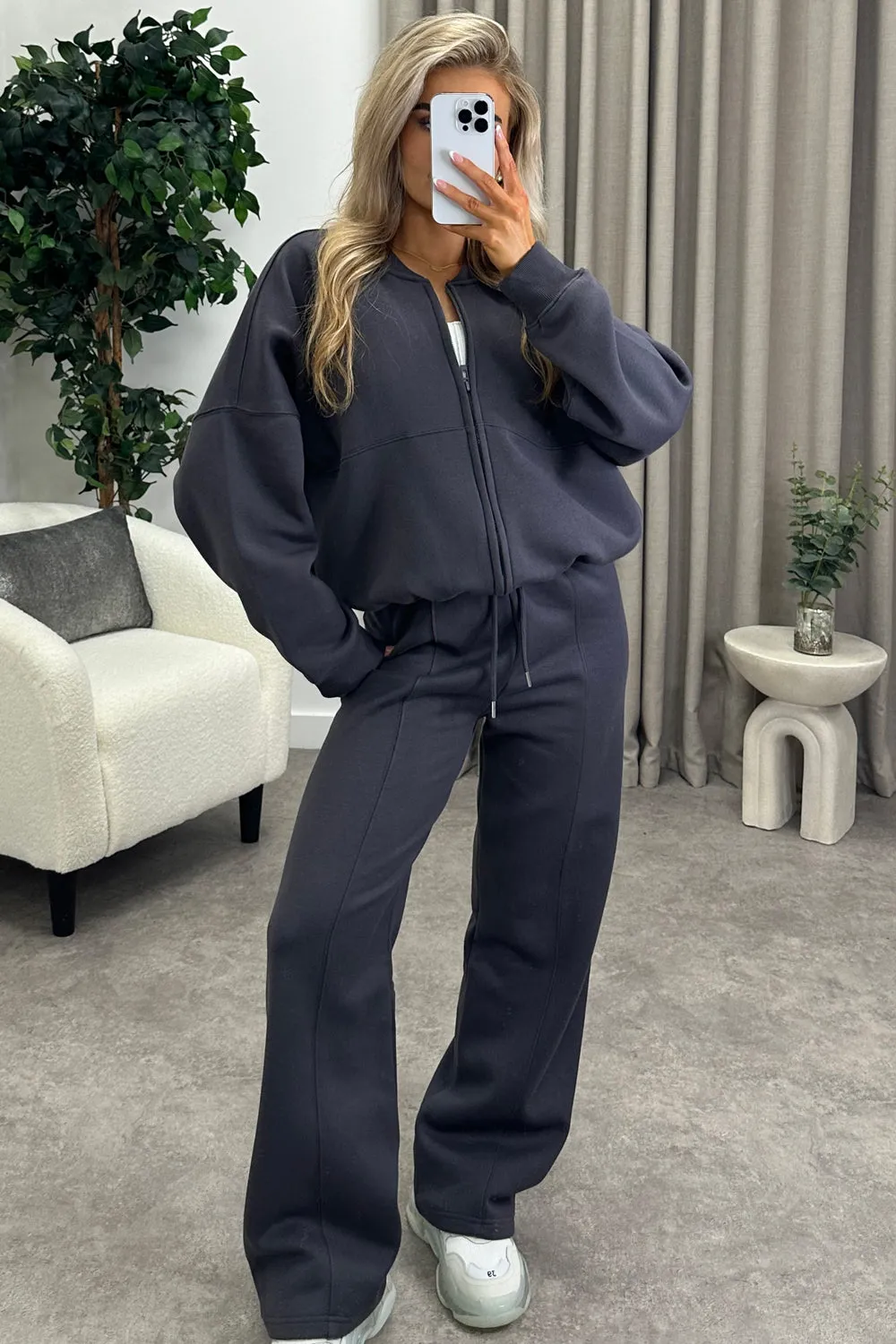 Emellie Charcoal Seam Front Zip Up Bomber Jacket and Joggers Tracksuit Set