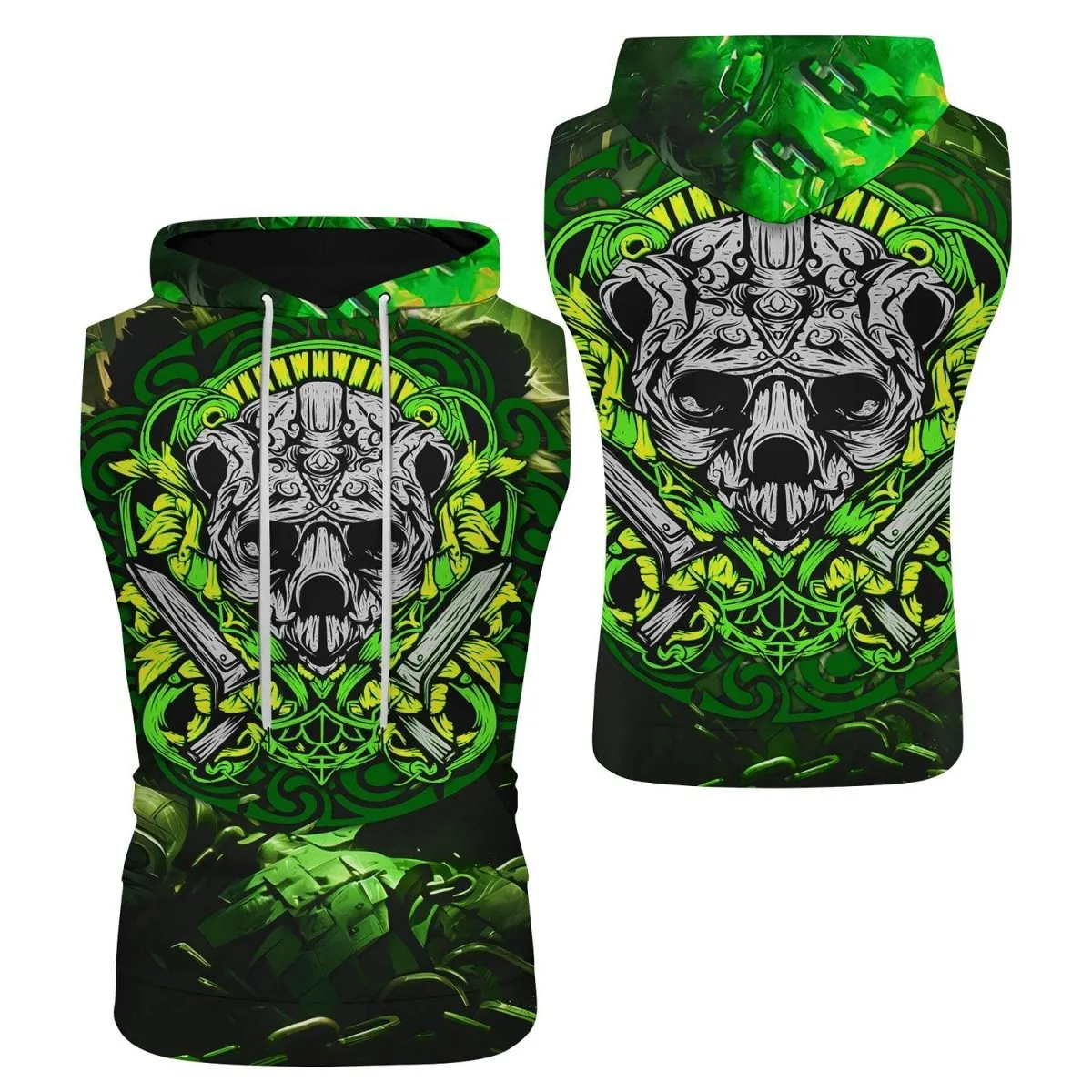 Green Panda Skull Sleeveless Pullover & Zip Hoodie