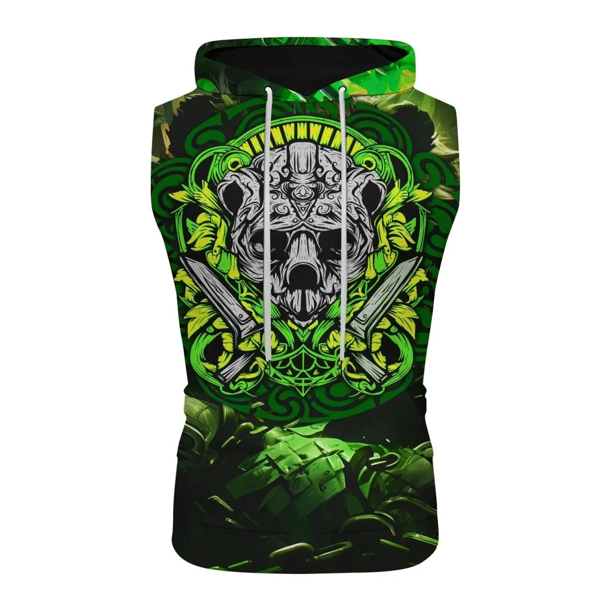 Green Panda Skull Sleeveless Pullover & Zip Hoodie