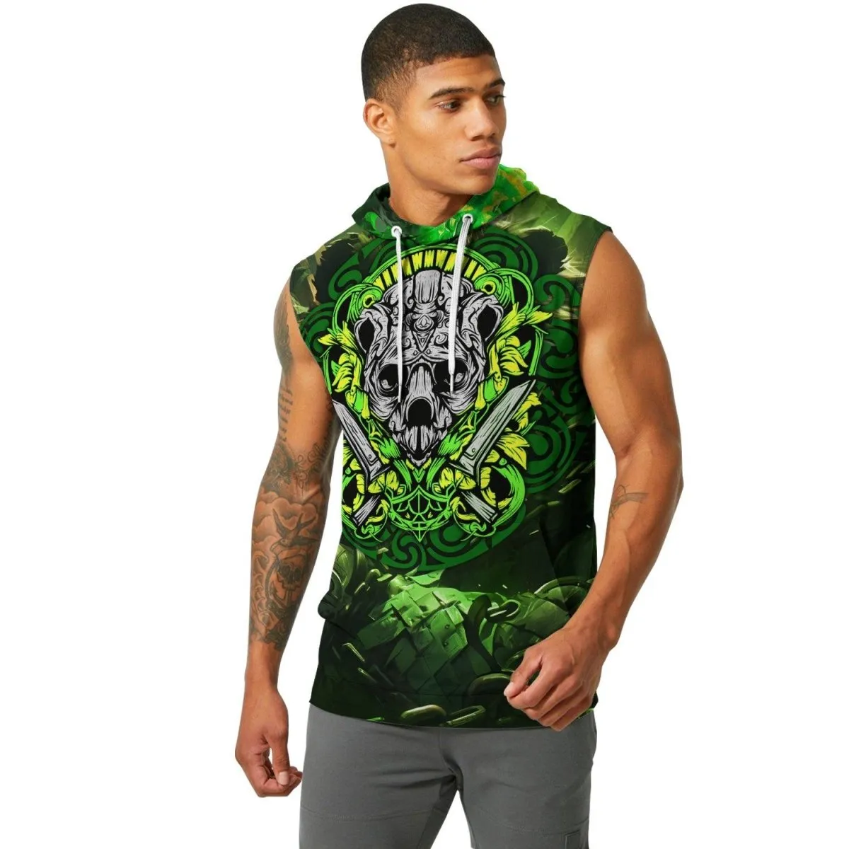 Green Panda Skull Sleeveless Pullover & Zip Hoodie