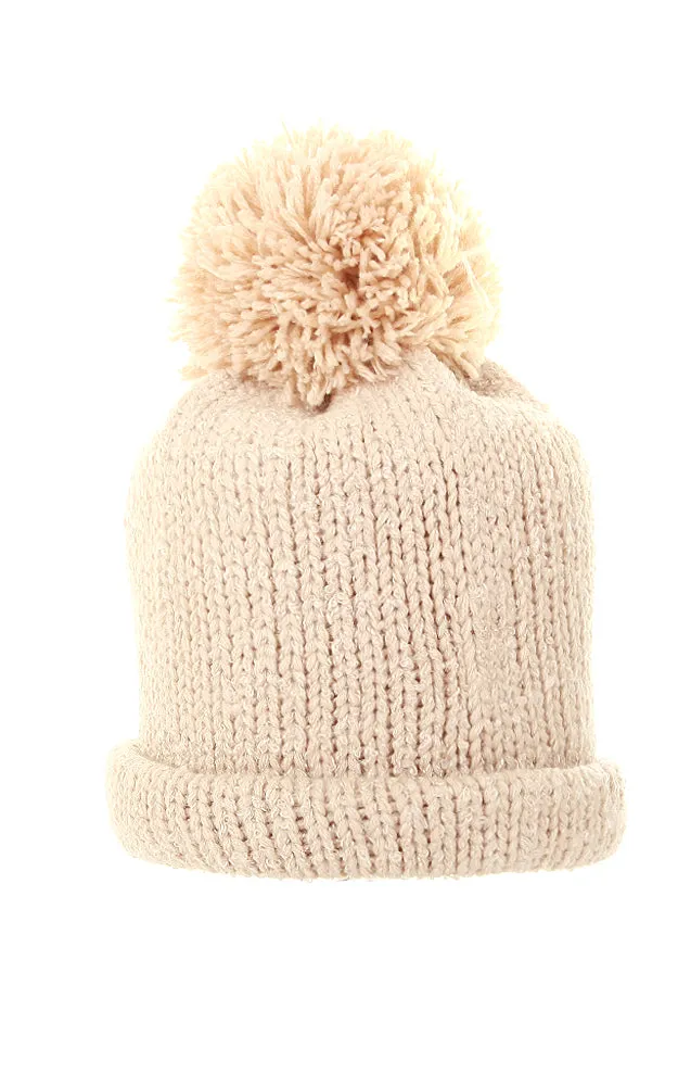 MH1828 Beige Scarf Pompom Hat