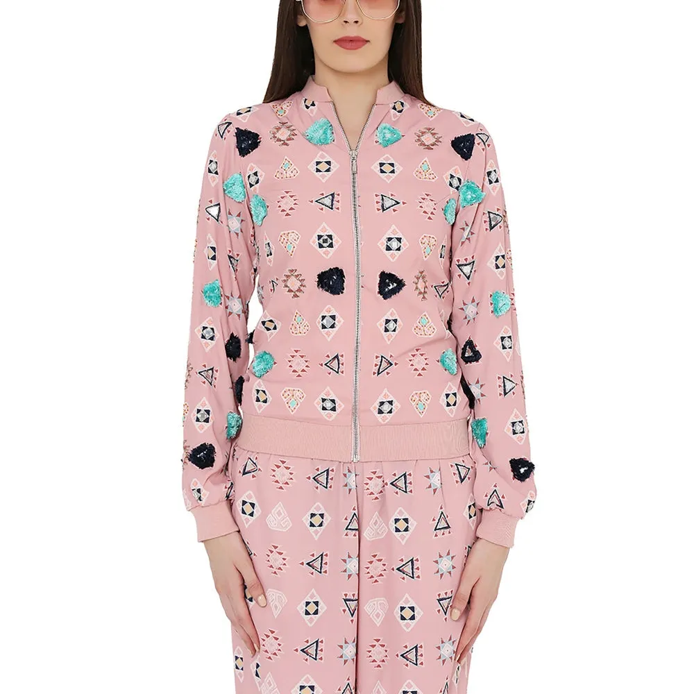 PS Pret by Payal Singhal Pink Colour Printed Art Back Tie-Up Bomber Jacket with Jogger Pant (Set of 2)