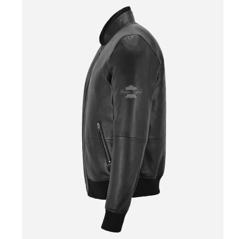 Smith Ultra Handsome Perforated Bomber Leather Jacket For Mens